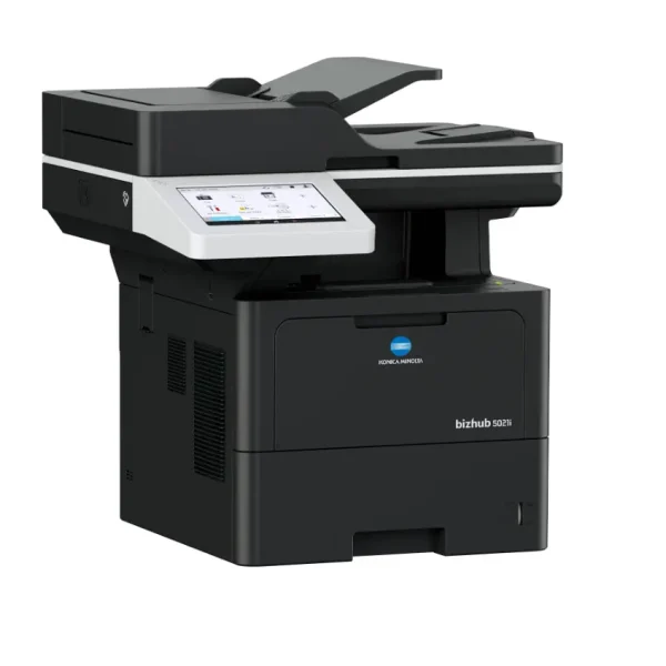 Czarno-białe urządzenie wielofunkcyjne Konica Minolta bizhub 5021i z panelem dotykowym i podajnikiem dokumentów