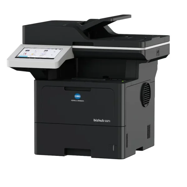 Czarno-białe urządzenie wielofunkcyjne Konica Minolta bizhub 5021i z panelem dotykowym i podajnikiem dokumentów