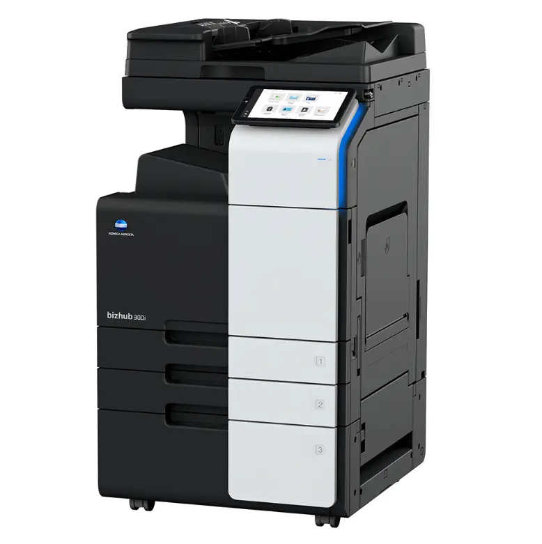 Kserokopiarka bizhub 300i widok z prawej strony z podajnikiem papieru.