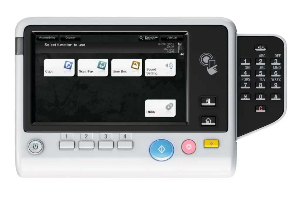Nowoczesny panel dotykowy kserokopiarki bizhub 367 z opcjonalną klawiaturą fizyczną – łatwa obsługa i bezpieczny wydruk.