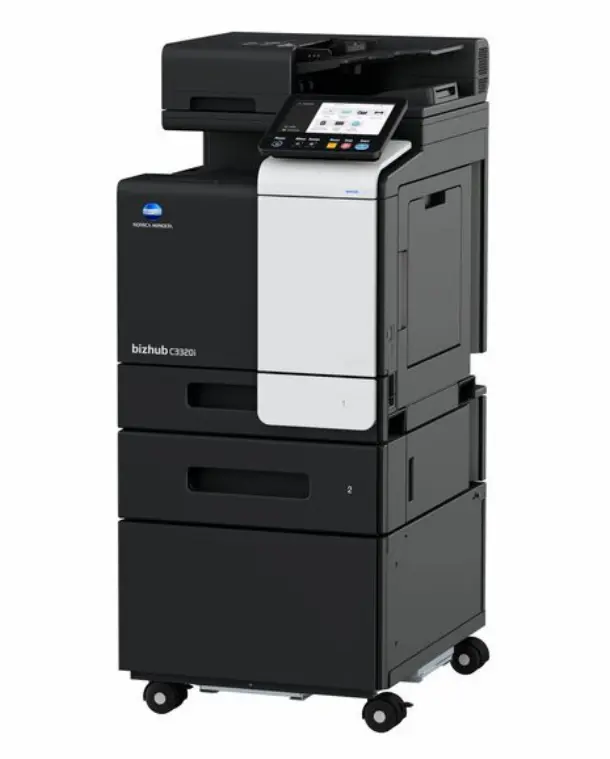 Kolorowe urządzenie wielofunkcyjne A4 Konica Minolta bizhub C3320i z dodatkową szufladą i podstawą