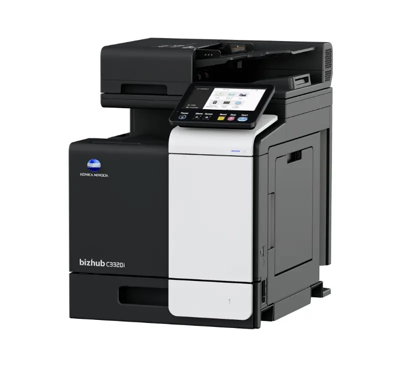 Kolorowe urządzenie wielofunkcyjne A4 Konica Minolta bizhub C3320i widok z ukosa.