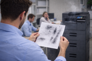 Pracownik biura trzymający brudny wydruk z kserokopiarki z czarnymi pasami i smugami, w tle serwis kserokopiarek Konica Minolta.